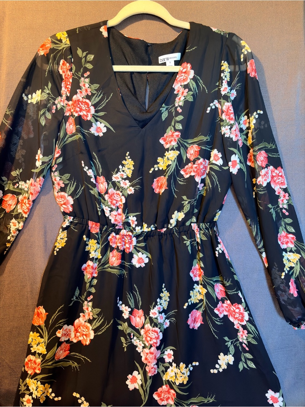 Bar III Black Floral V-Neck Long Sleeve Dress with Pink & Yellow Blooms